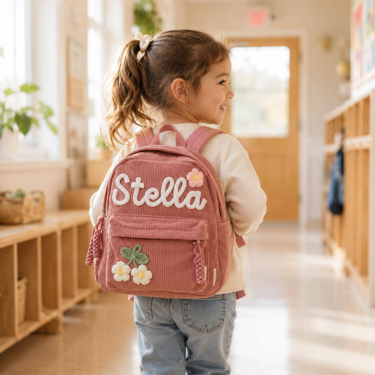 A dusty rose corduroy backpack featuring the name Stella in white script lettering across the front pocket. The bag is decorated with a small crocheted flower patch and two white crocheted flowers with green leaves on the lower section.