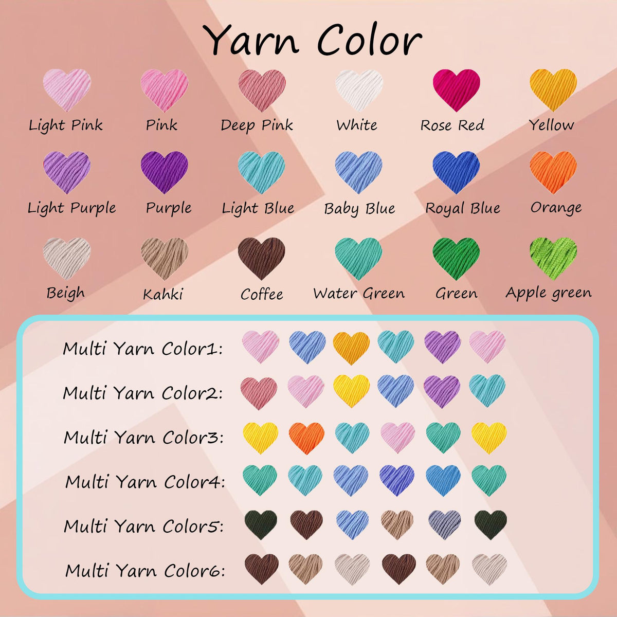 A color chart titled Yarn Color displaying rows of heart-shaped icons in various solid shades including light pink, pink, deep pink, white, rose red, yellow, light purple, purple, light blue, baby blue, royal blue, orange, beige, khaki, coffee, water green, green, and apple green, followed by six rows of multi-colored heart patterns labeled Multi Yarn Color 1 through 6.