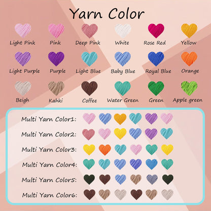 A color chart titled Yarn Color displaying rows of heart-shaped icons in various solid shades including light pink, pink, deep pink, white, rose red, yellow, light purple, purple, light blue, baby blue, royal blue, orange, beige, khaki, coffee, water green, green, and apple green, followed by six rows of multi-colored heart patterns labeled Multi Yarn Color 1 through 6.