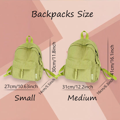 Two light green corduroy backpacks labeled Small and Medium. The small backpack measures 11.8 inches high, 10.63 inches wide, and 5.5 inches deep. The medium backpack measures 16.1 inches high, 12.2 inches wide, and 6.3 inches deep.