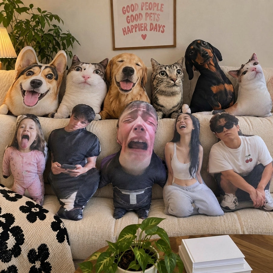 A collection of custom-shaped plush pillows featuring high-resolution photographic prints of various pets, including a corgi, a golden retriever, and cats, alongside pillows shaped like people with expressive facial expressions.