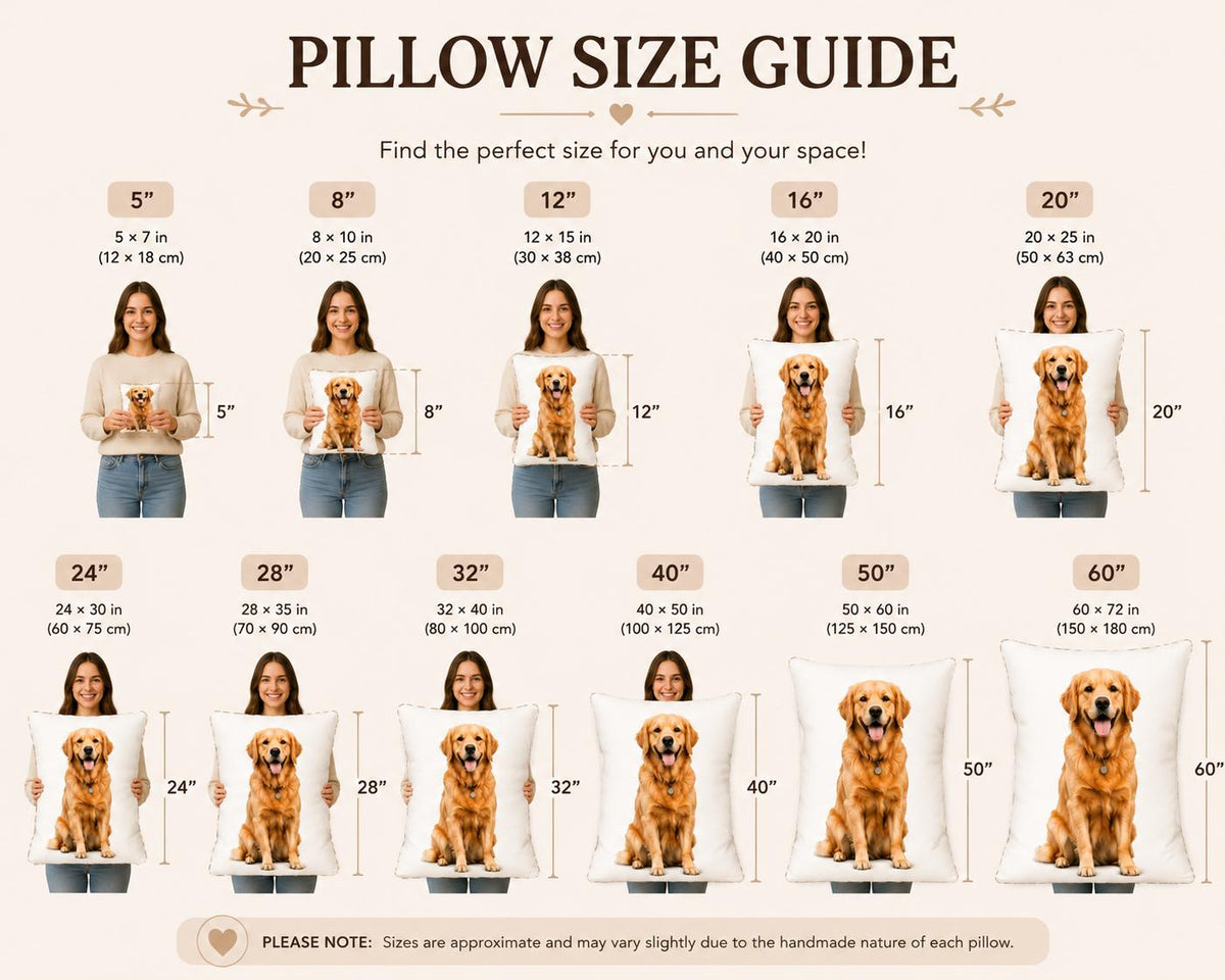 A pillow size guide chart featuring text PILLOW SIZE GUIDE and Find the perfect size for you and your space. It displays eleven square pillows of increasing sizes, each printed with a golden retriever, ranging from 5 to 60 inches.