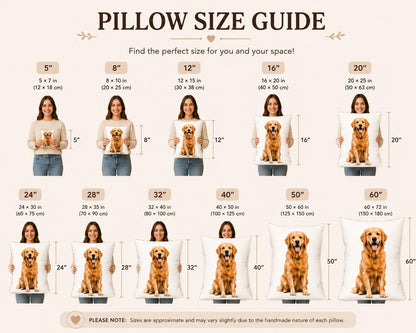 A pillow size guide chart featuring text PILLOW SIZE GUIDE and Find the perfect size for you and your space. It displays eleven square pillows of increasing sizes, each printed with a golden retriever, ranging from 5 to 60 inches.