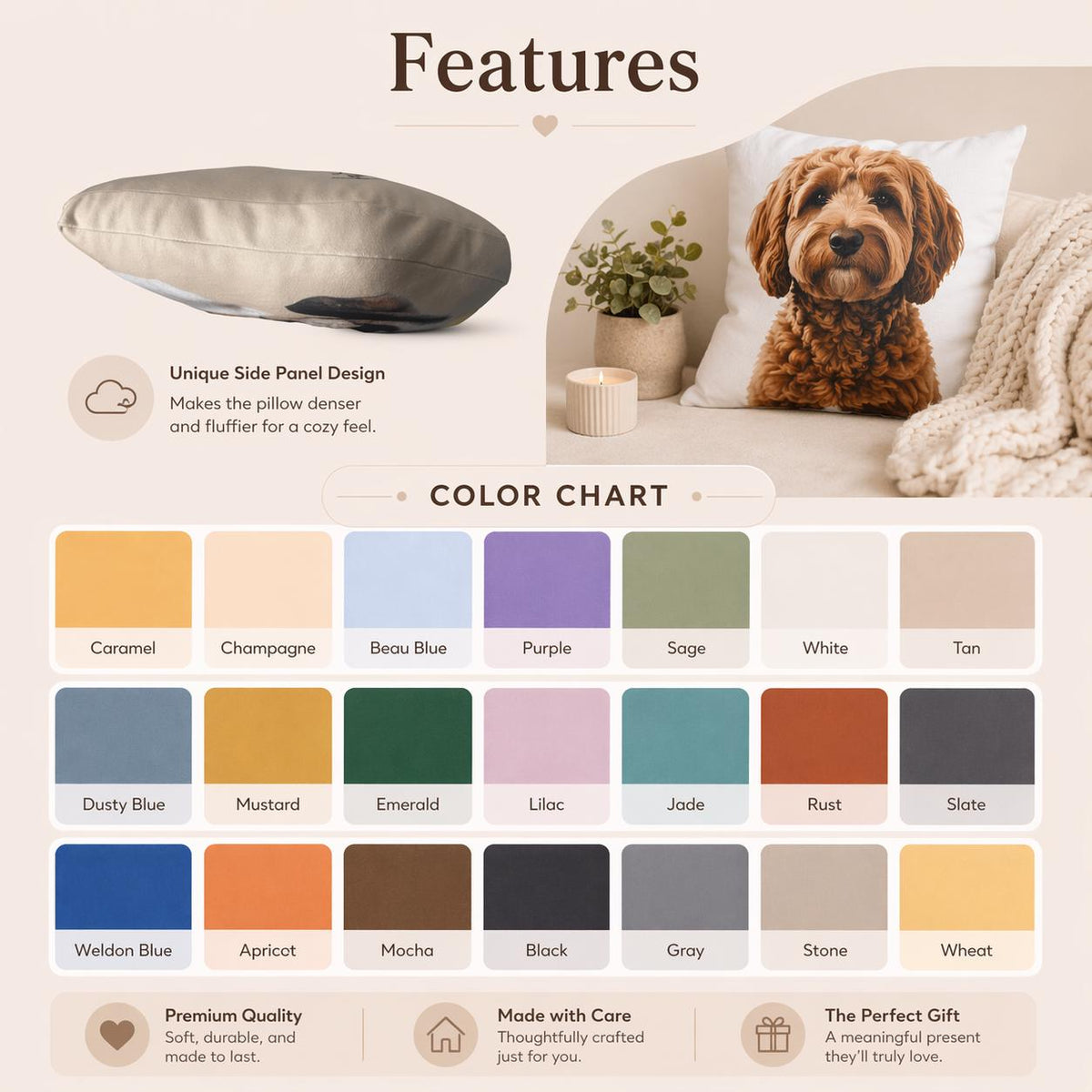 A square throw pillow featuring a custom dog portrait, displayed alongside a color chart with twenty-one swatches including caramel, champagne, sage, white, tan, dusty blue, mustard, emerald, lilac, jade, rust, slate, and black.