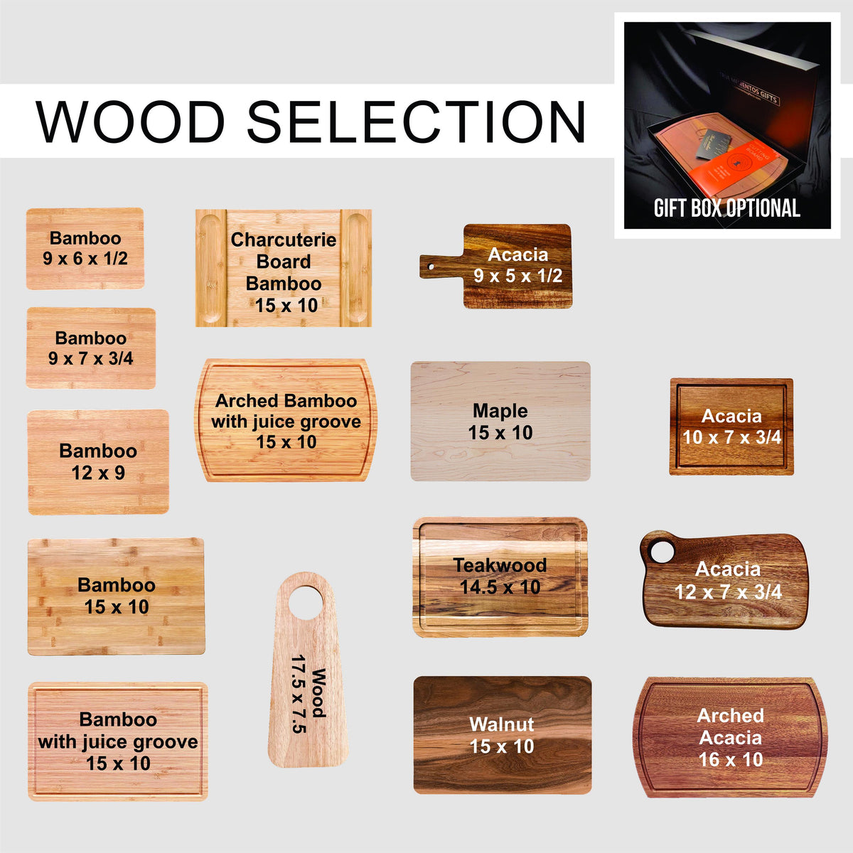 A selection of wooden cutting boards and serving boards in various shapes and sizes. The boards are made from bamboo, acacia, maple, teakwood, and walnut. Dimensions are listed in inches.