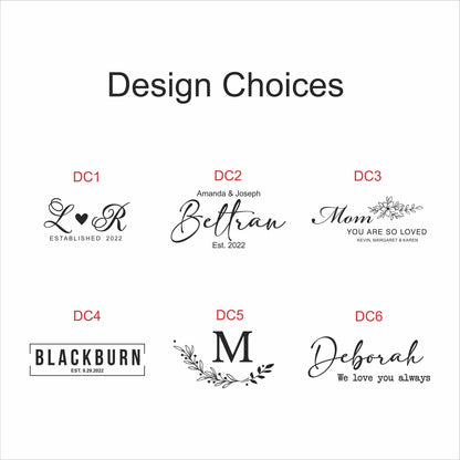 A white graphic with six design choices for personalized items. The designs include initials, names, and phrases such as "Mom" and "Deborah." Each design is labeled with a "DC" number.