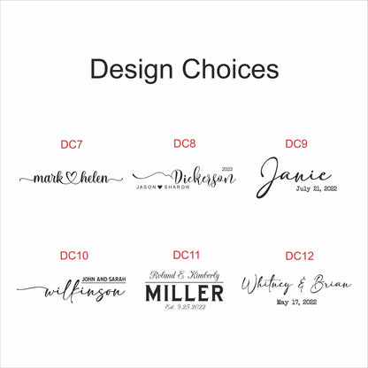 Image featuring various design choices for personalized items. The text includes names and dates, such as "mark & helen," "Dickerson 2022," and "Janie July 21, 2022." Other options include "John and Sarah Wilkinson" and "Miller Est. 9.25.2022."