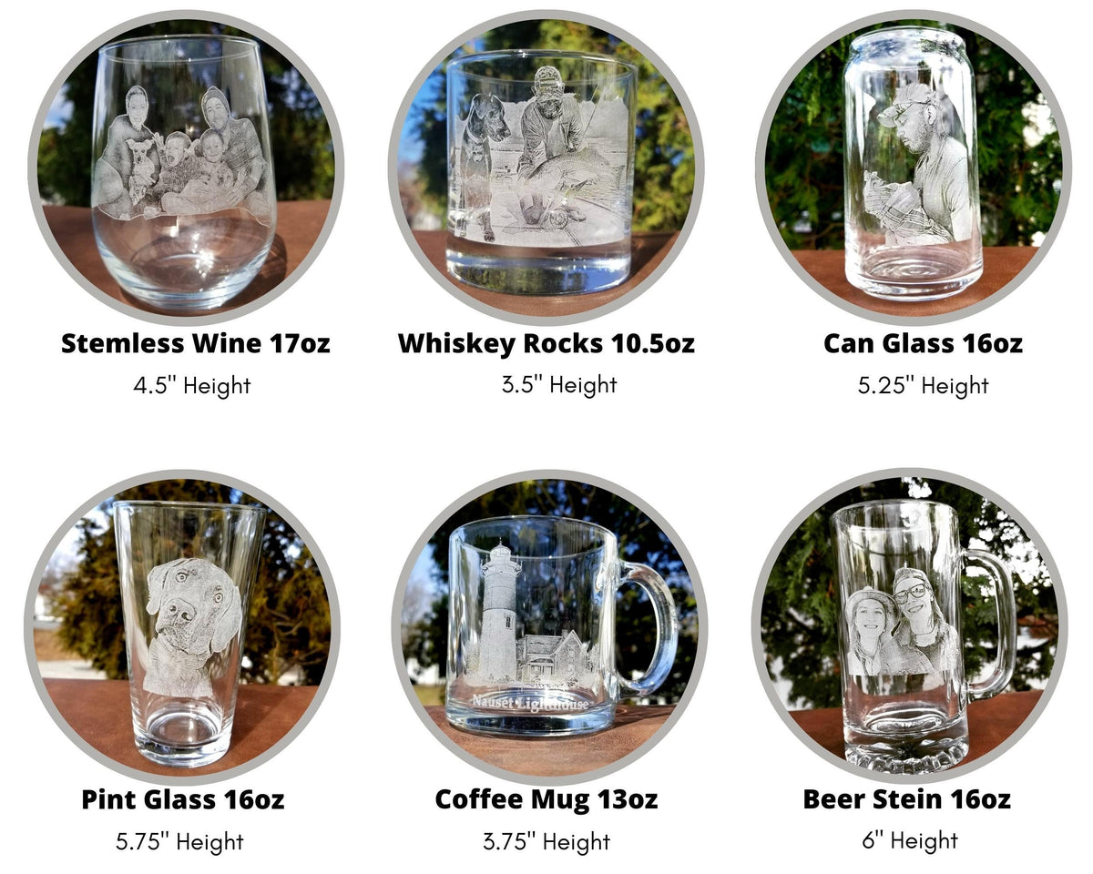 Six different types of glass drinkware with personalized engravings. The glasses include a stemless wine glass, whiskey rocks glass, can glass, pint glass, coffee mug, and beer stein. Each glass has a different design and is engraved with a unique image.