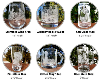 Six different types of glass drinkware with personalized engravings. The glasses include a stemless wine glass, whiskey rocks glass, can glass, pint glass, coffee mug, and beer stein. Each glass has a different design and is engraved with a unique image.