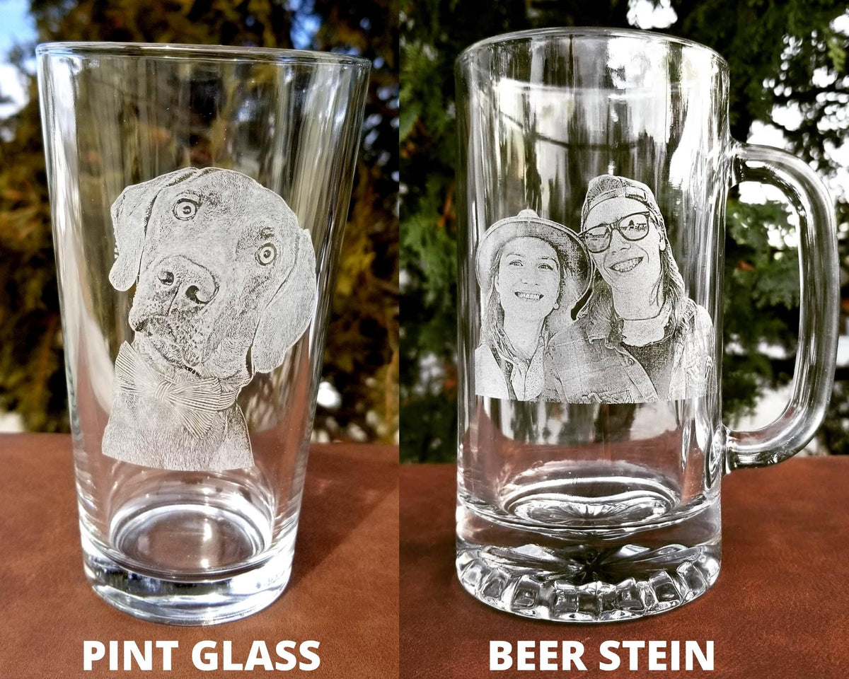 Two personalized glass drinkware options: a pint glass with a dog's face etched on it and a beer stein with a couple's photo etched on it.