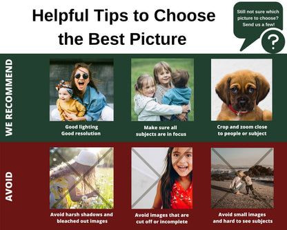 A graphic with helpful tips on how to choose the best picture. The graphic shows examples of good and bad pictures. The good pictures are well-lit, in focus, and cropped close to the subject. The bad pictures are poorly lit, out of focus, or have harsh shadows.