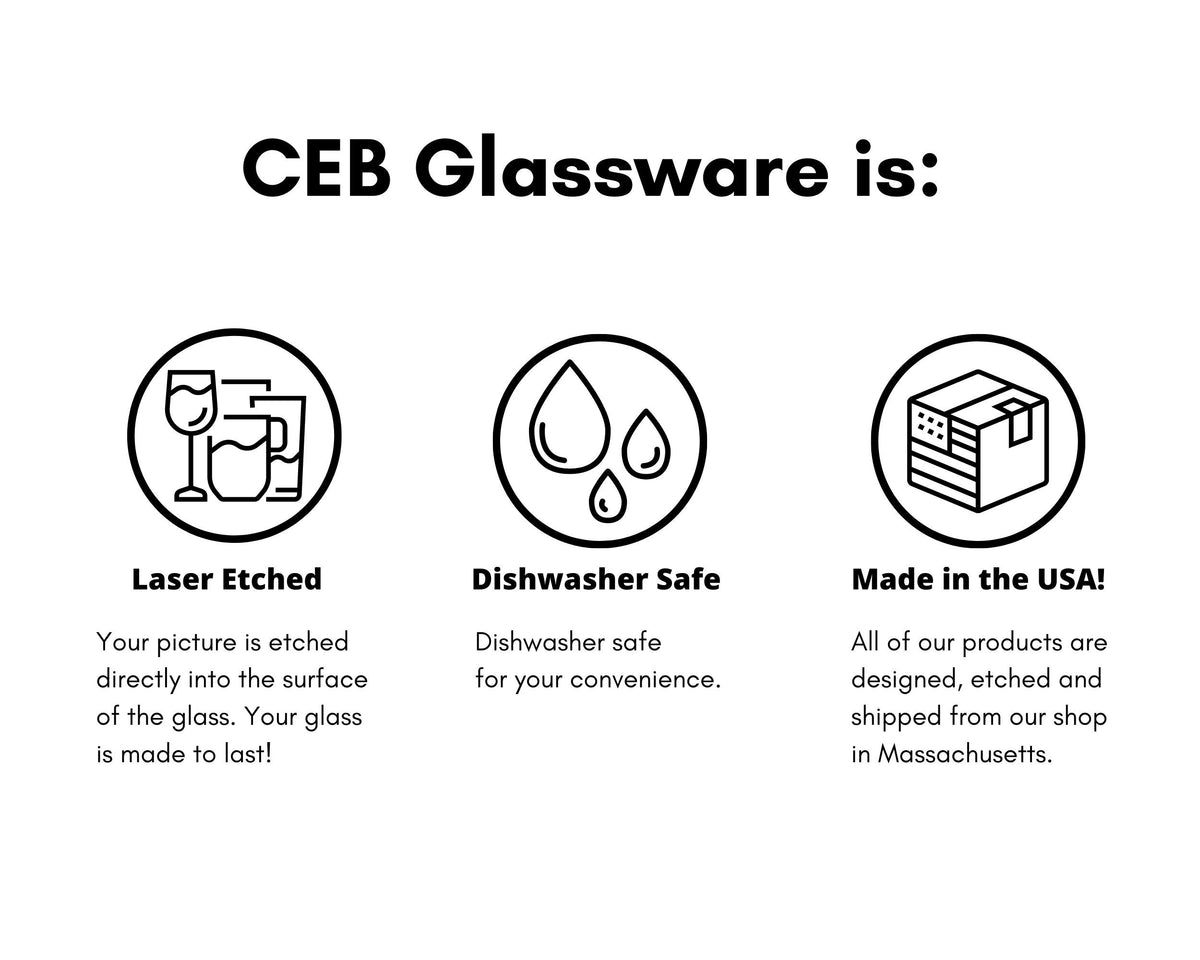 Three black and white icons with text below each. The first icon shows two glasses, one wine glass and one tumbler. The text below reads "Laser Etched. Your picture is etched directly into the surface of the glass. Your glass is made to last!" The second icon shows two water drops. The text below reads "Dishwasher Safe. Dishwasher safe for your convenience." The third icon shows a box with stars on it. The text below reads "Made in the USA! All of our products are designed, etched and shipped f