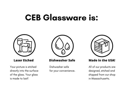 Three black and white icons with text below each. The first icon shows two glasses, one wine glass and one tumbler. The text below reads "Laser Etched. Your picture is etched directly into the surface of the glass. Your glass is made to last!" The second icon shows two water drops. The text below reads "Dishwasher Safe. Dishwasher safe for your convenience." The third icon shows a box with stars on it. The text below reads "Made in the USA! All of our products are designed, etched and shipped f