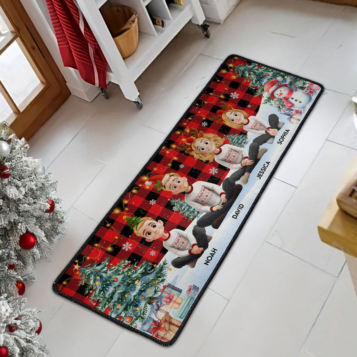 Family Sitting Festive Plant Buffalo Plaid - Personalized Runner Rug - Christmas Family Gift