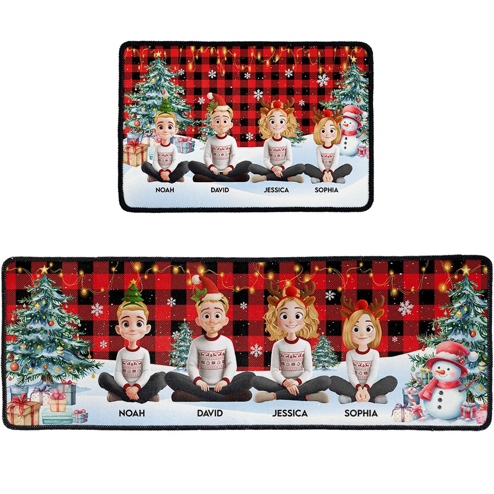 Family Sitting Festive Plant Buffalo Plaid - Personalized Runner Rug - Christmas Family Gift