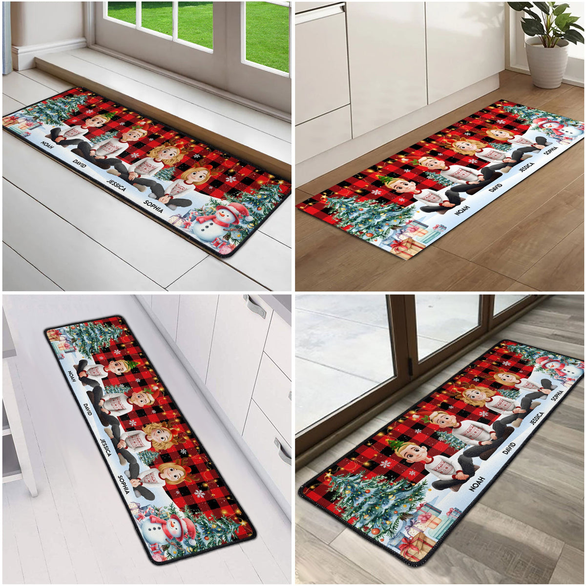 Family Sitting Festive Plant Buffalo Plaid - Personalized Runner Rug - Christmas Family Gift