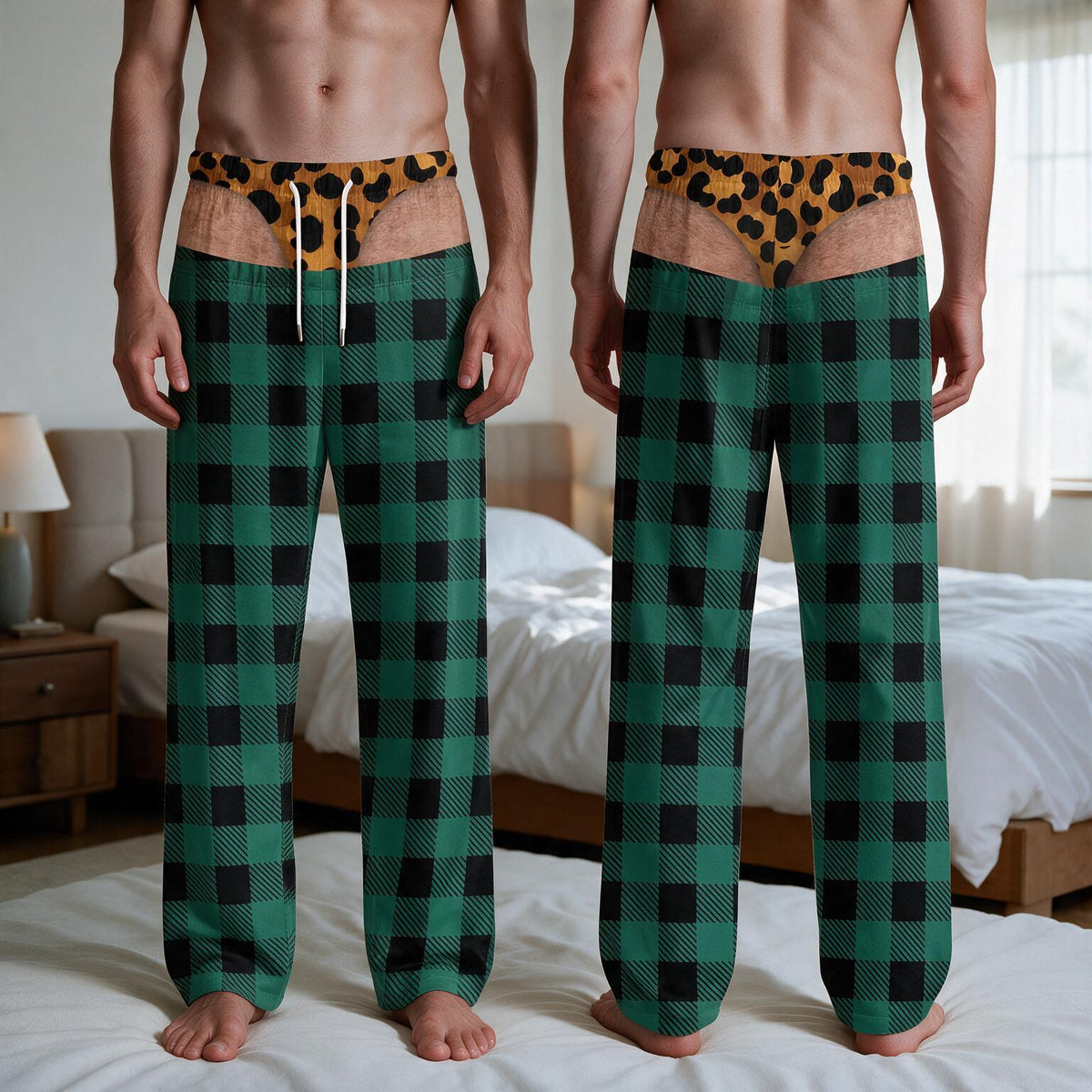 Lounge pants featuring a green and black buffalo plaid pattern with a printed graphic at the waistband depicting a leopard print thong over a skin-toned area. The pants include a white drawstring cord at the center front waist.