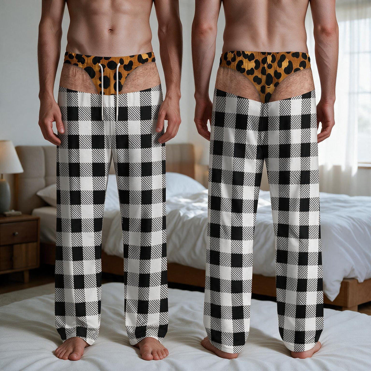 Pajama pants featuring a black and white buffalo plaid pattern with a printed graphic at the waistband that mimics the appearance of leopard print underwear visible above the top edge of the trousers.