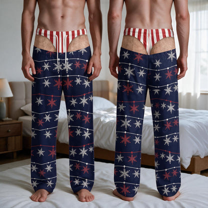 Navy blue pajama pants featuring a pattern of white and red snowflakes connected by thin horizontal lines. The waistband is a red and white vertical striped thong-style design that sits above the main pant structure.