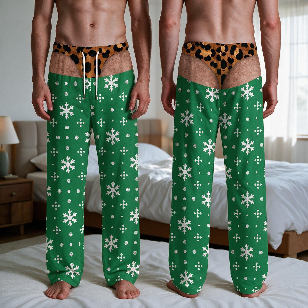 Green lounge pants featuring a white snowflake and geometric pattern. The waistband area displays a printed design of a leopard print thong over a realistic skin-toned background with hair, including white drawstring cords at the front.