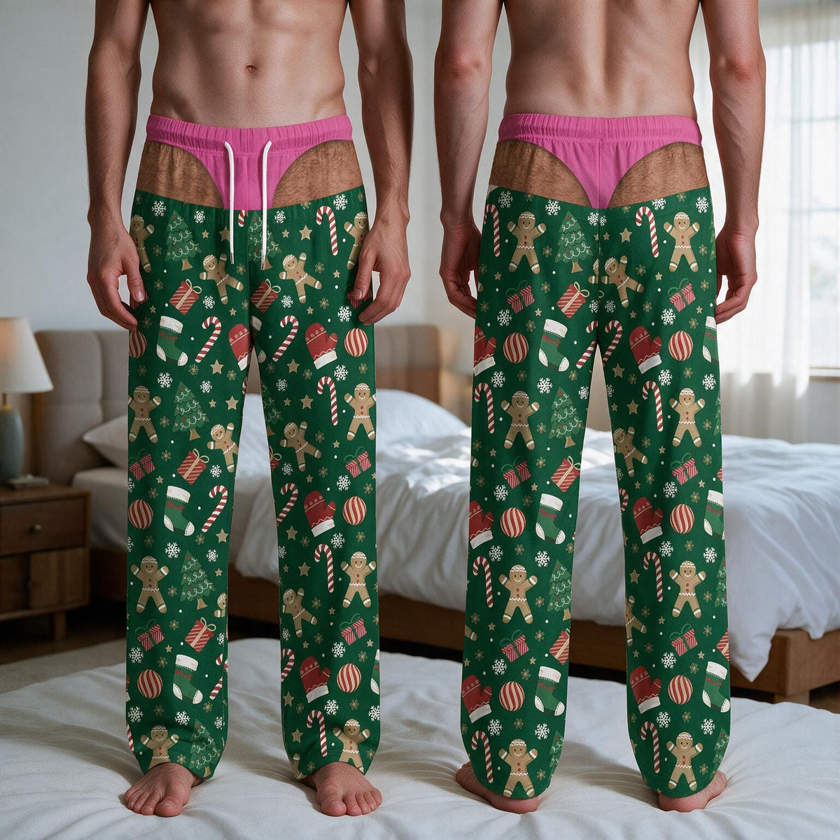 Pajama pants featuring a green background with a repeating Christmas pattern of gingerbread people, candy canes, gift boxes, stockings, and snowflakes. The waistband is pink with white drawstrings and a faux-thong graphic print.