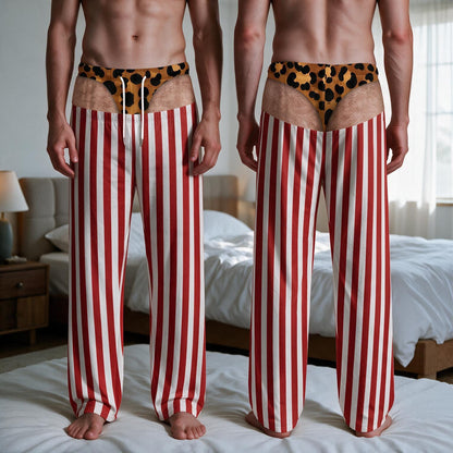 Full-length lounge pants featuring vertical red and white stripes. The waistband area displays a printed graphic of a leopard print thong against a skin-toned background, creating a visual illusion of exposed skin and underwear.