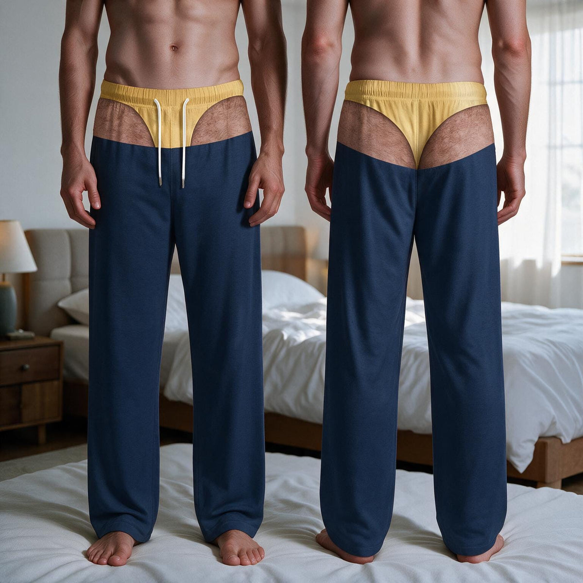 Full-length navy blue lounge pants featuring a printed trompe l'oeil design of a yellow thong waistband with white drawstrings. The graphic creates an illusion of exposed skin and underwear, extending across the front and back.