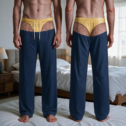 Full-length navy blue lounge pants featuring a printed trompe l'oeil design of a yellow thong waistband with white drawstrings. The graphic creates an illusion of exposed skin and underwear, extending across the front and back.