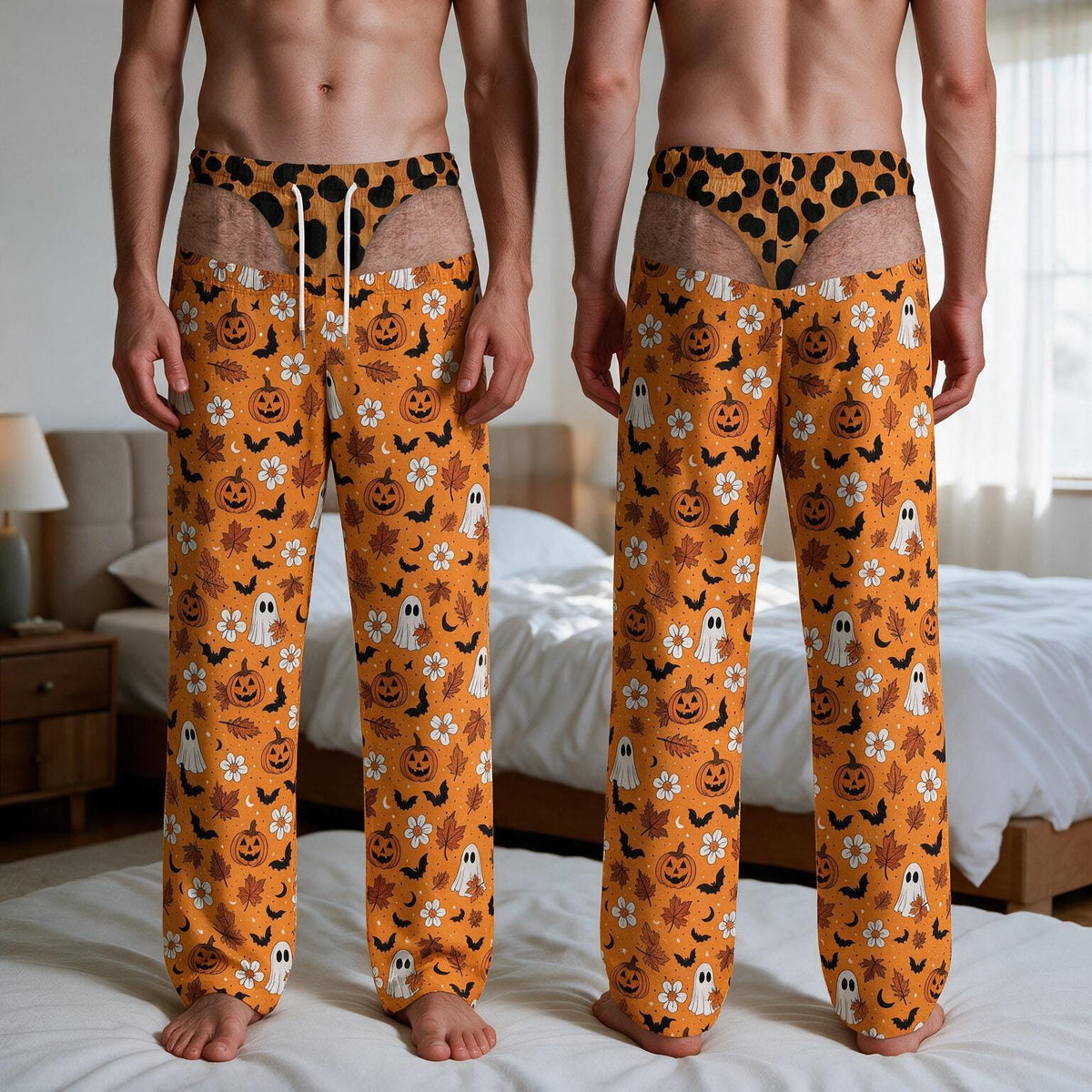 Orange lounge pants featuring a repeating Halloween pattern of jack-o'-lanterns, white ghosts, black bats, and autumn leaves. The waistband includes a leopard print section with white drawstrings, creating a trompe l'oeil effect.