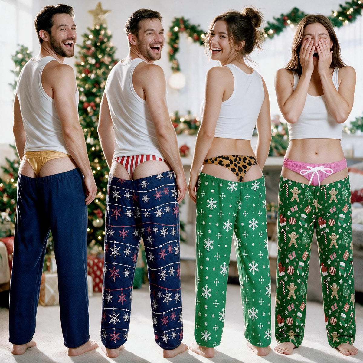 Four individuals wearing white tank tops and festive pajama bottoms. The pants feature various patterns including blue with snowflakes, green with snowflakes, and green with gingerbread men, candy canes, and stockings.