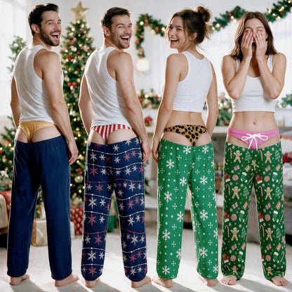 Four individuals wearing white tank tops and festive pajama bottoms. The pants feature various patterns including blue with snowflakes, green with snowflakes, and green with gingerbread men, candy canes, and stockings.