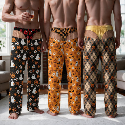Three pairs of lounge pants featuring Halloween-themed prints. The first pair is black with ghosts, pumpkins, and leaves. The second is orange with pumpkins, bats, and ghosts. The third is a brown and black plaid with small pumpkins.
