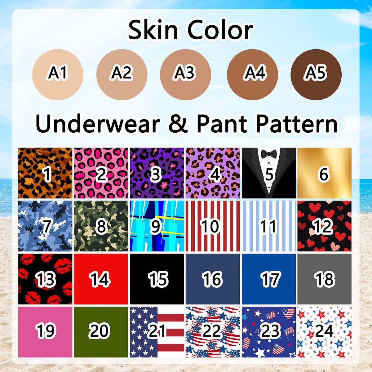 A selection chart featuring five skin tone circles labeled A1 through A5, followed by a grid of twenty-four numbered squares displaying various patterns including leopard prints, a tuxedo design, stripes, hearts, solid colors, and American flag motifs.
