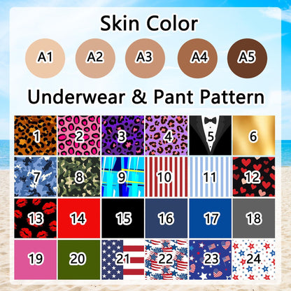 A selection chart featuring five skin tone circles labeled A1 through A5, followed by a grid of twenty-four numbered squares displaying various patterns including leopard prints, a tuxedo design, stripes, hearts, solid colors, and American flag motifs.