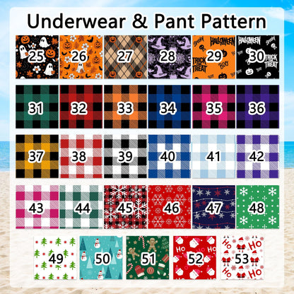 A grid of fabric patterns labeled Underwear & Pant Pattern, numbered 25 through 53. The designs include Halloween motifs, various plaid color combinations, snowflake prints, and holiday themes featuring Christmas trees, snowmen, and Santa.
