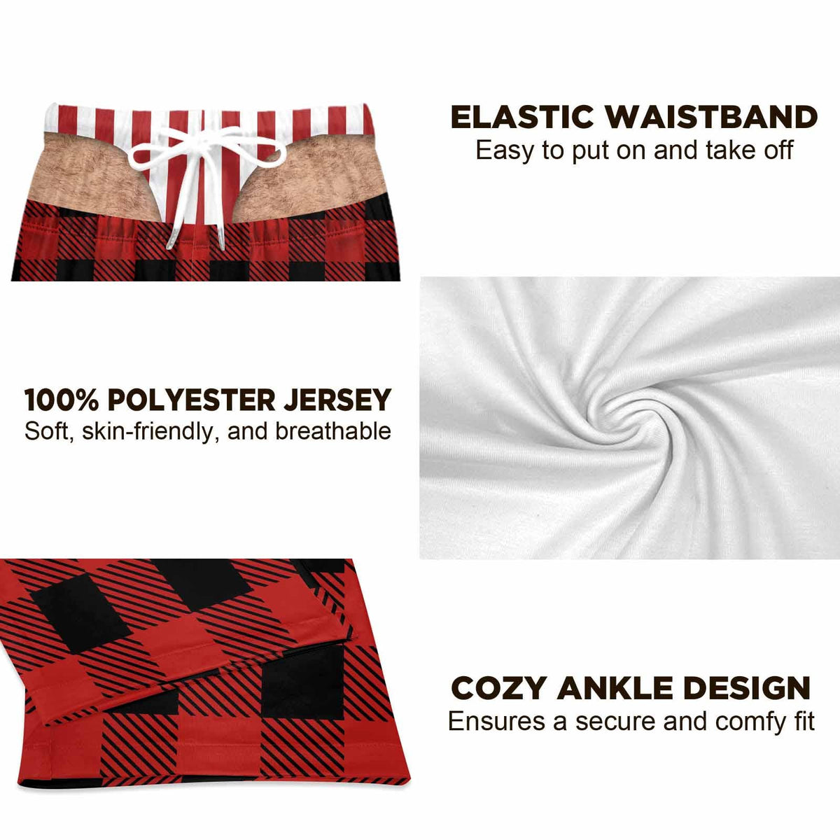 Pajama pants featuring a red and black buffalo plaid pattern with a printed graphic of a white and red striped waistband and drawstring. The fabric is 100% polyester jersey. Text includes ELASTIC WAISTBAND, 100% POLYESTER JERSEY, and COZY ANKLE DESIGN.
