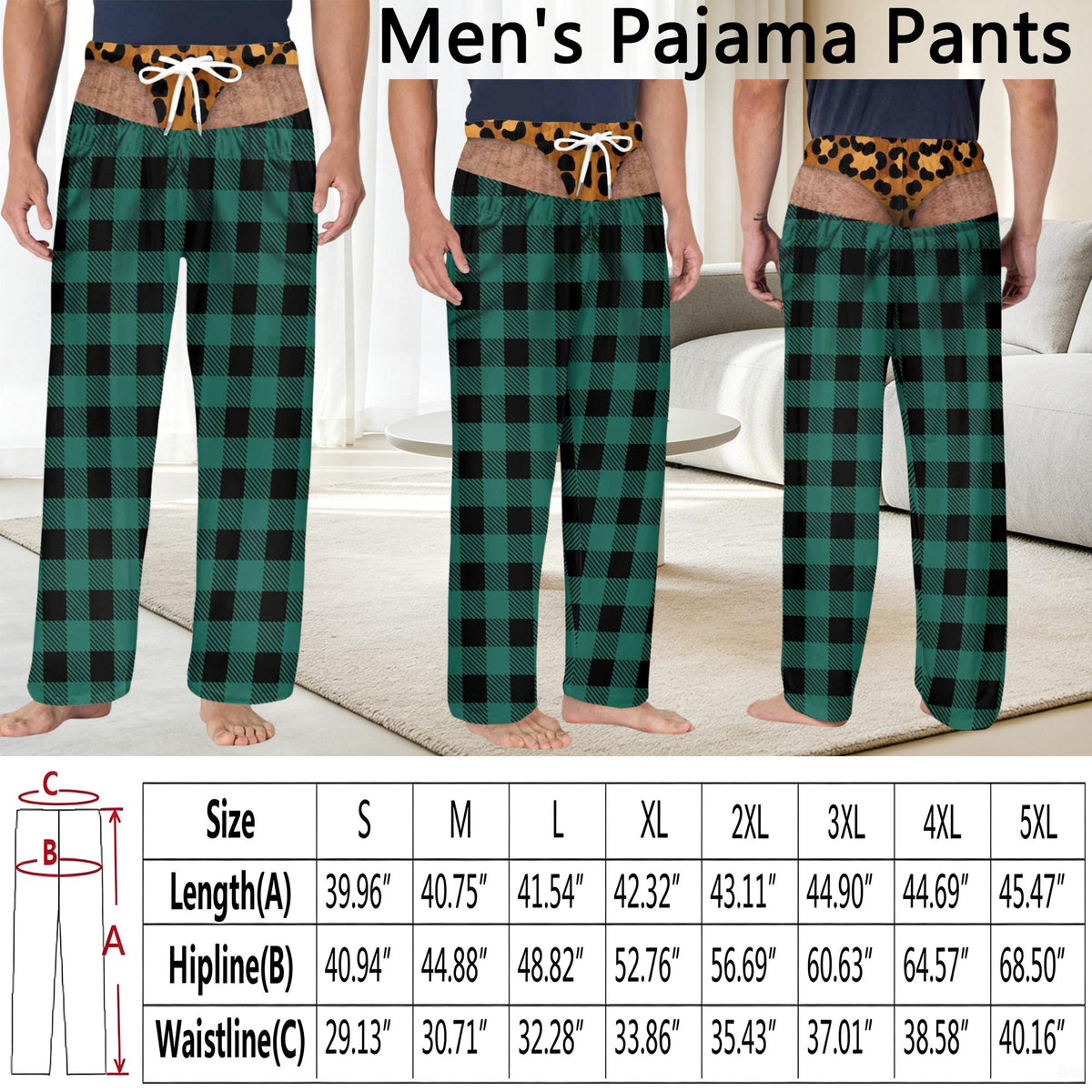 Pajama pants featuring a green and black buffalo plaid pattern with a printed waistband design showing a leopard print thong over a hairy torso. Includes a size chart with measurements in inches for sizes S through 5XL.