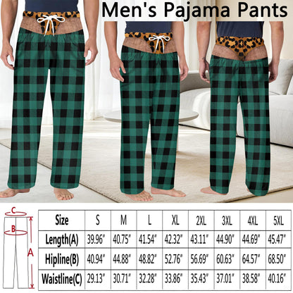 Pajama pants featuring a green and black buffalo plaid pattern with a printed waistband design showing a leopard print thong over a hairy torso. Includes a size chart with measurements in inches for sizes S through 5XL.