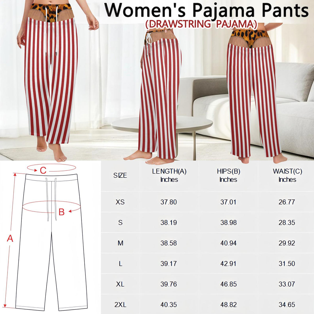 Pajama pants featuring vertical red and white stripes with a leopard print waistband and drawstring. The image includes a sizing chart with measurements in inches for length, hips, and waist, labeled A, B, and C respectively.