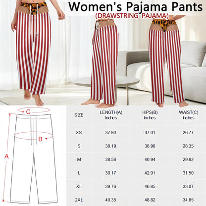 Pajama pants featuring vertical red and white stripes with a leopard print waistband and drawstring. The image includes a sizing chart with measurements in inches for length, hips, and waist, labeled A, B, and C respectively.