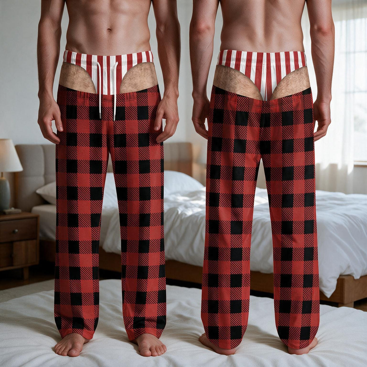Red and black buffalo plaid pajama pants featuring a high-cut waist design that reveals a white and red vertical striped thong-style waistband. The pants have a loose fit and are shown from both the front and back perspectives.