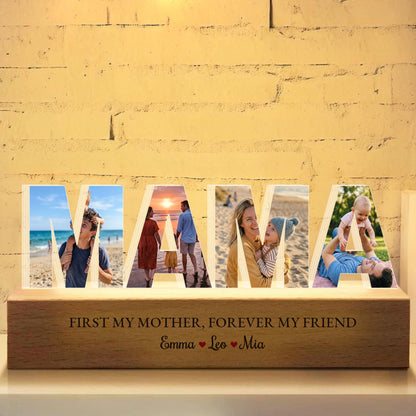 Personalized MAMA photo letter night light, four family photos in the letters, the base printed with First my mother, forever my friend and the names Emma, Leo, Mia