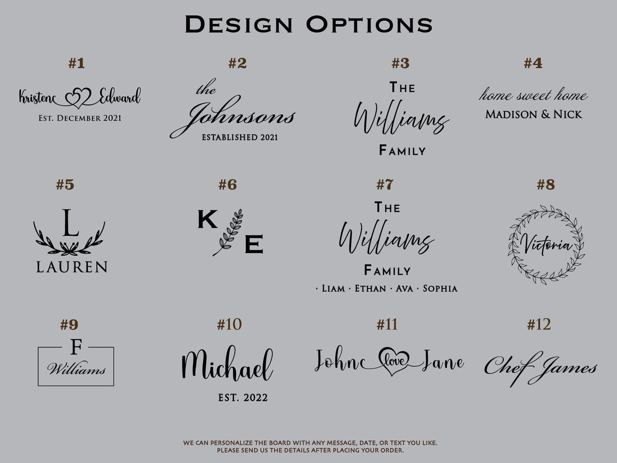 Twelve different design options for a personalized cutting board. Each design features a different name, date, or phrase. The designs are numbered 1 through 12.