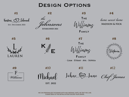 Twelve different design options for a personalized cutting board. Each design features a different name, date, or phrase. The designs are numbered 1 through 12.