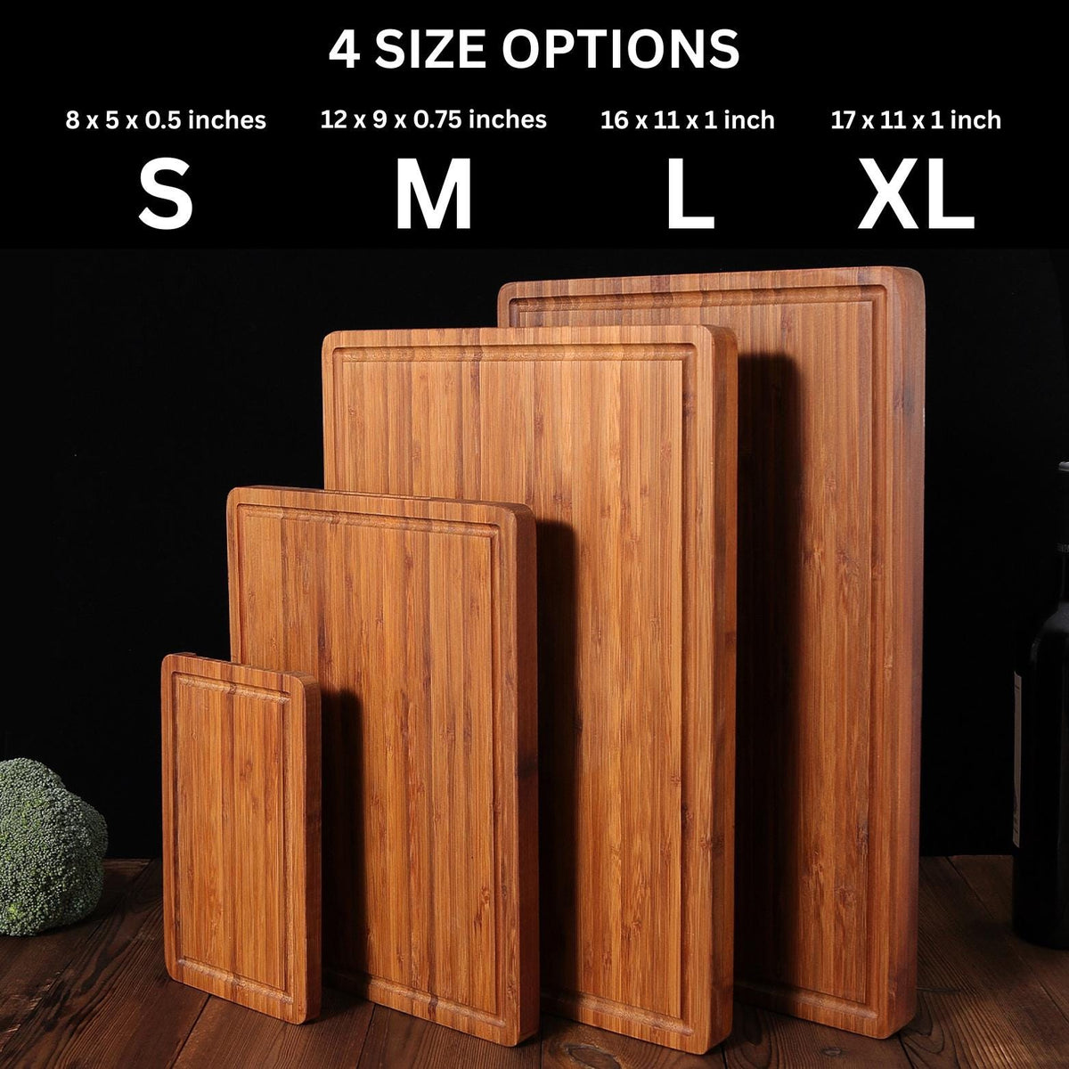 Four wooden cutting boards in different sizes, labeled S, M, L, and XL. The boards are made of light brown bamboo and have a smooth, polished finish. The dimensions of each board are listed in inches.