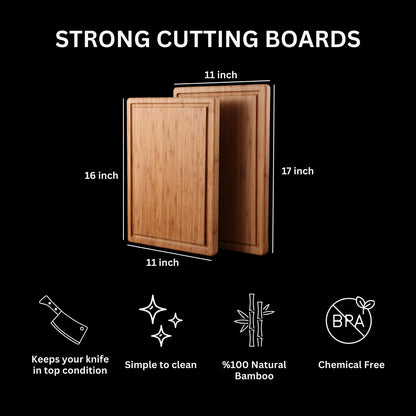 Two brown bamboo cutting boards, one measuring 11 by 16 inches and the other measuring 11 by 17 inches. The boards are made of 100% natural bamboo and are chemical free. They are easy to clean and keep knives sharp.