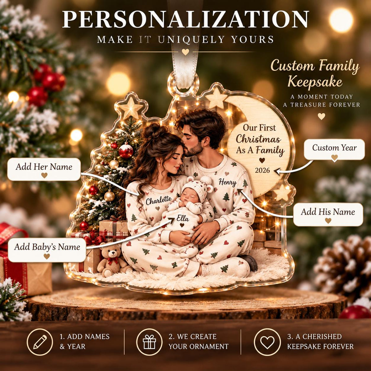 May include: A clear acrylic Christmas ornament featuring a printed illustration of a family of three wearing matching pajamas. The design includes a Christmas tree, a crescent moon with the text Our First Christmas As A Family 2026, and space for custom names.
