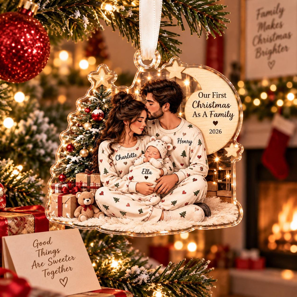 May include: A clear acrylic Christmas ornament featuring a printed illustration of a family of three wearing matching pajamas with tree and heart patterns. The text reads Our First Christmas As A Family 2026, with names Charlotte, Henry, and Ella printed.