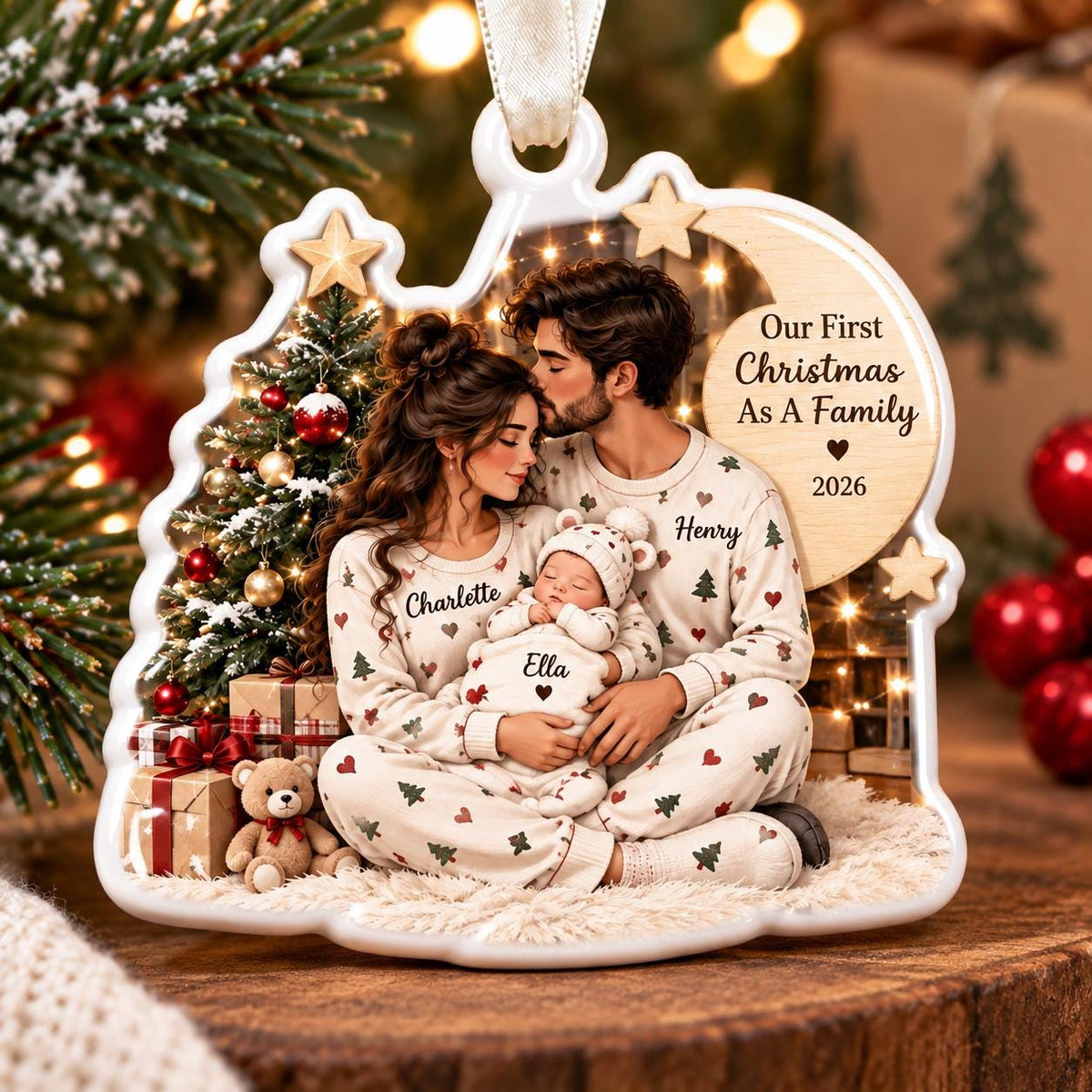 May include: A white, house-shaped Christmas ornament featuring a printed illustration of a family in matching pajamas. The text reads Our First Christmas As A Family 2026, with names Charlette, Henry, and Ella printed on the clothing and a teddy bear.