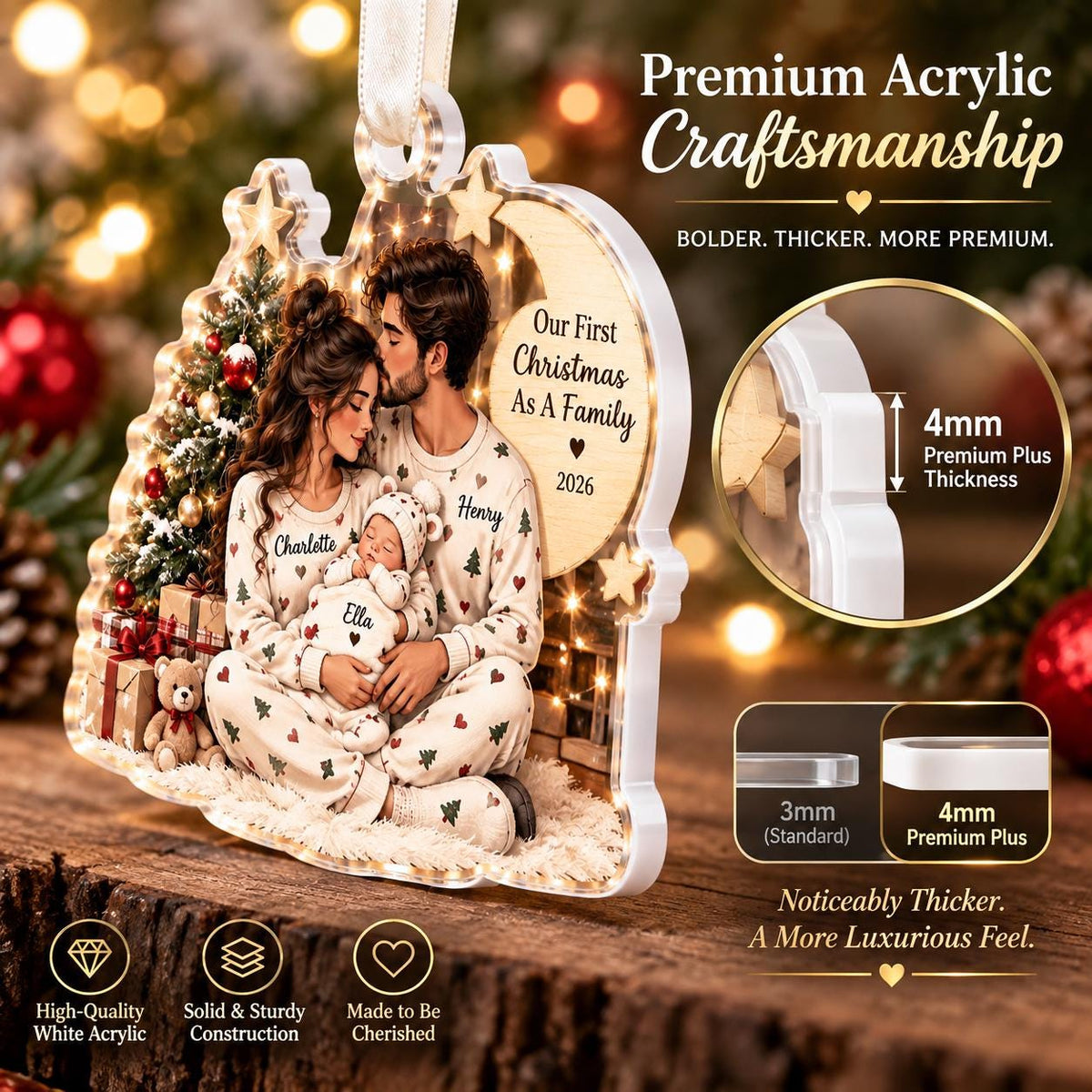 May include: A clear acrylic Christmas ornament featuring a printed illustration of a family of three in matching pajamas. The text reads Our First Christmas As A Family 2026. A circular inset shows a 4mm thickness measurement for the material.